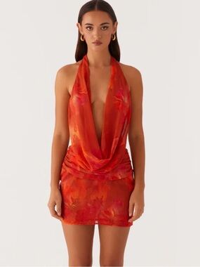 Vibrant Orange Halter Draped Mini Dress